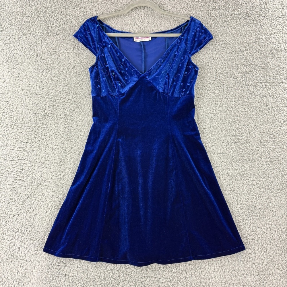 Jessica McClintock x Gunne Sax Dress Womens Small Royal Blue Sequins Velvet VTG